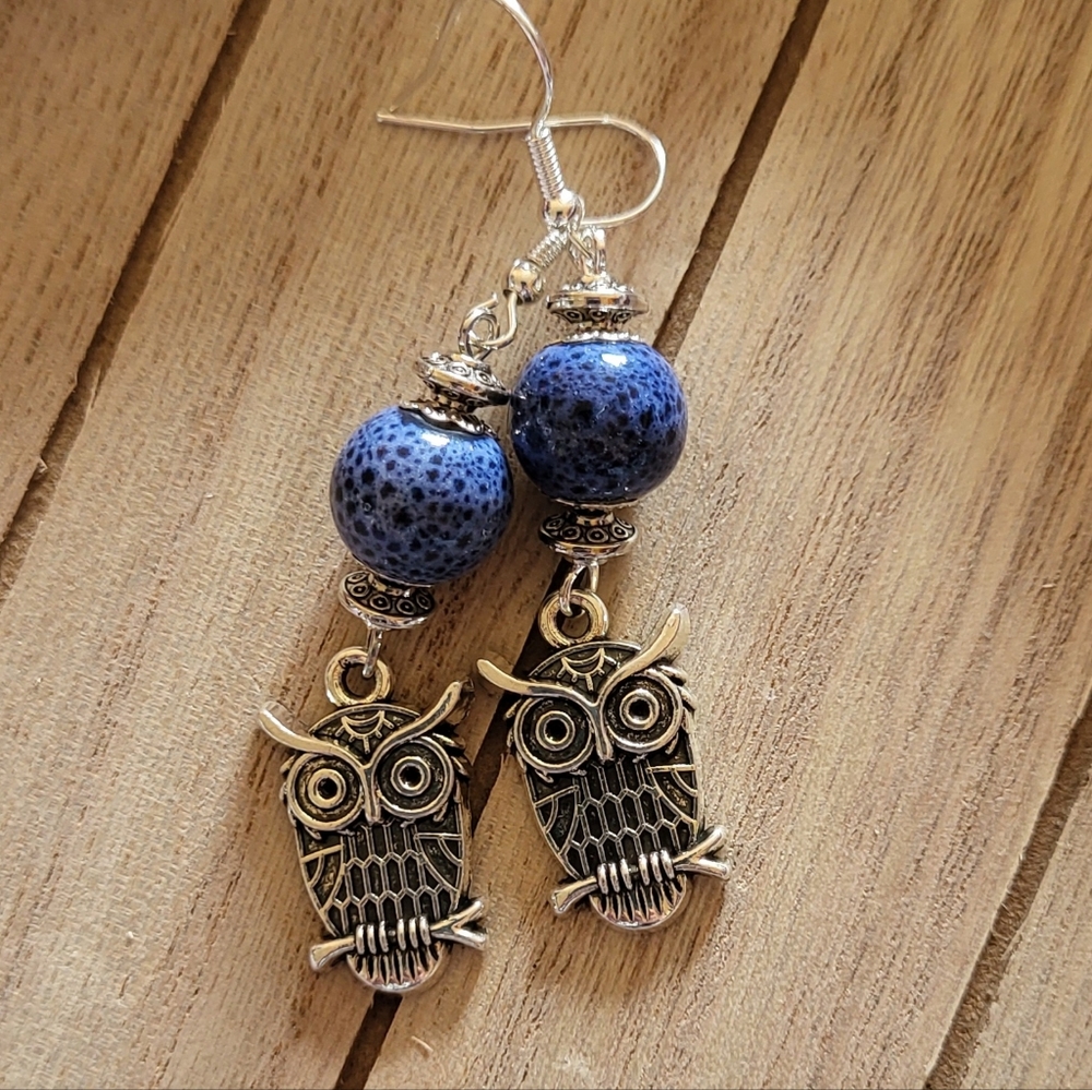 Chic Blue and Gold Owl Earrings